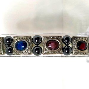 Silver Tone Hematite & Cabachon Stretch Bracelet, Multi Color, Signed Pure, EUC